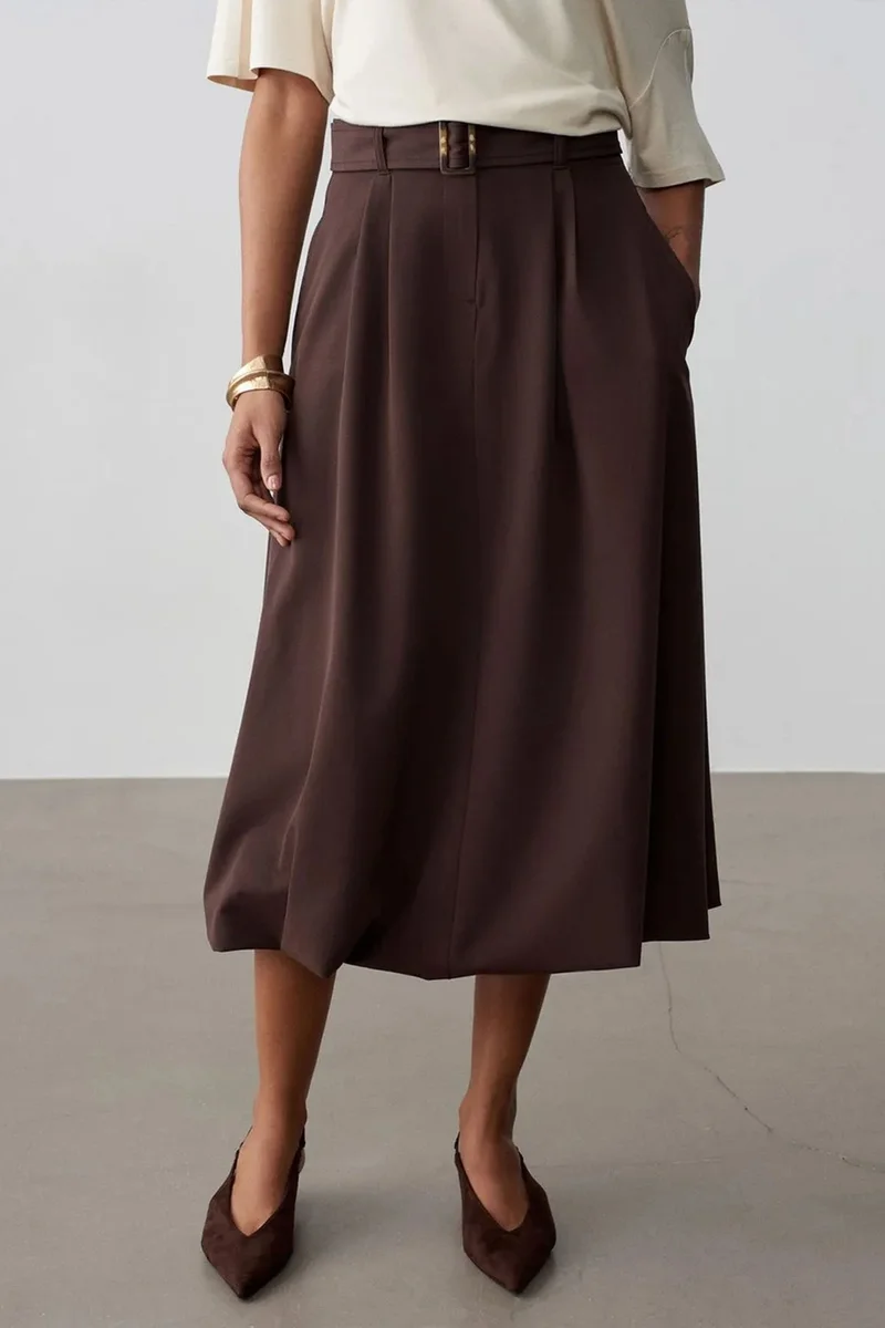 Dilvin Coffee Brown DILVIN High-waist Belted Midi Balloon Skirt for Women | Best Price UAE