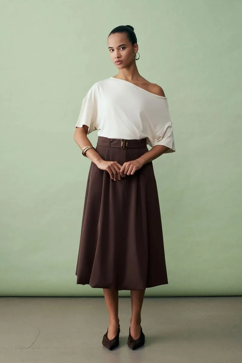 DILVIN High-waist Belted Midi Balloon Skirt