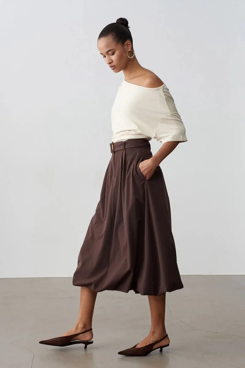Dilvin Coffee Brown DILVIN High-waist Belted Midi Balloon Skirt for Women | Best Price UAE