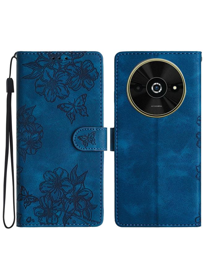 إيروريكس جراب هاتف Xiaomi Poco C61 من الجلد المنقوش بنقشة زهور الكرز والفراشة (أزرق)