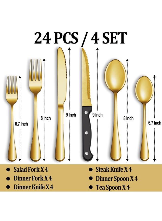 MUTNITT 24 Pcs Gold Silverware Set with Steak Knives, Stainless Steel Flatware Cutlery Set Service for 4, Kitchen Tableware Set, Utensil Set for Home and Restaurant, Knives Forks Spoon Set, Dishwasher Safe - Image 2