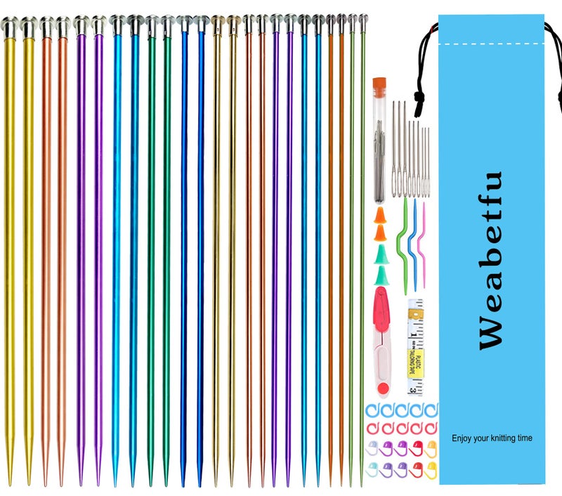 Weabetfu 65pcs Aluminum Metal Knitting Needle SetColored Straight Single Pointed Knitting Needles12 Size 25mm10mm138inch Length for Handmade DIY Knitting with Knitting Accessories