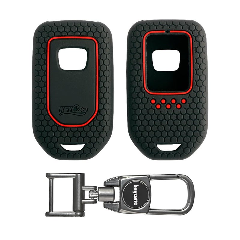 KCARE Keycare® Silicone Key Cover & Keychain Compatible for Honda City, Civic, Amaze, Elevate, WR-V, Accord, BR-V, CR-V, Mobilio, Jazz, Brio Smart Key (Black +MAH Key Holder) - Image 1
