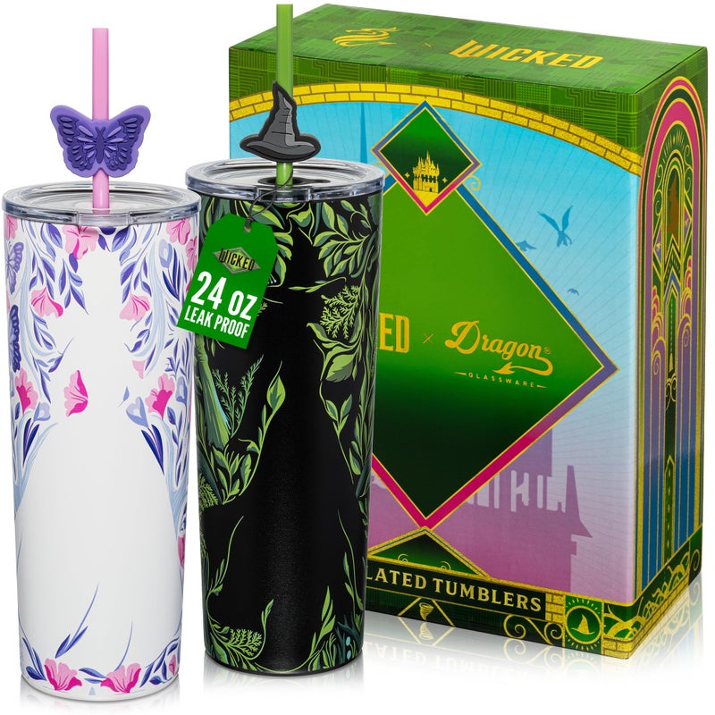 Dragon Glassware x Wicked: For Good 2-Pack 24 oz Vacuum Insulated Tumbler with Lid and Straw - Set of 2 Wicked Tumblers with 4 Straws and Toppers - Official Wicked Merch - Shadows - Image 1