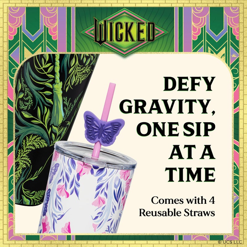Dragon Glassware x Wicked: For Good 2-Pack 24 oz Vacuum Insulated Tumbler with Lid and Straw - Set of 2 Wicked Tumblers with 4 Straws and Toppers - Official Wicked Merch - Shadows - Image 4