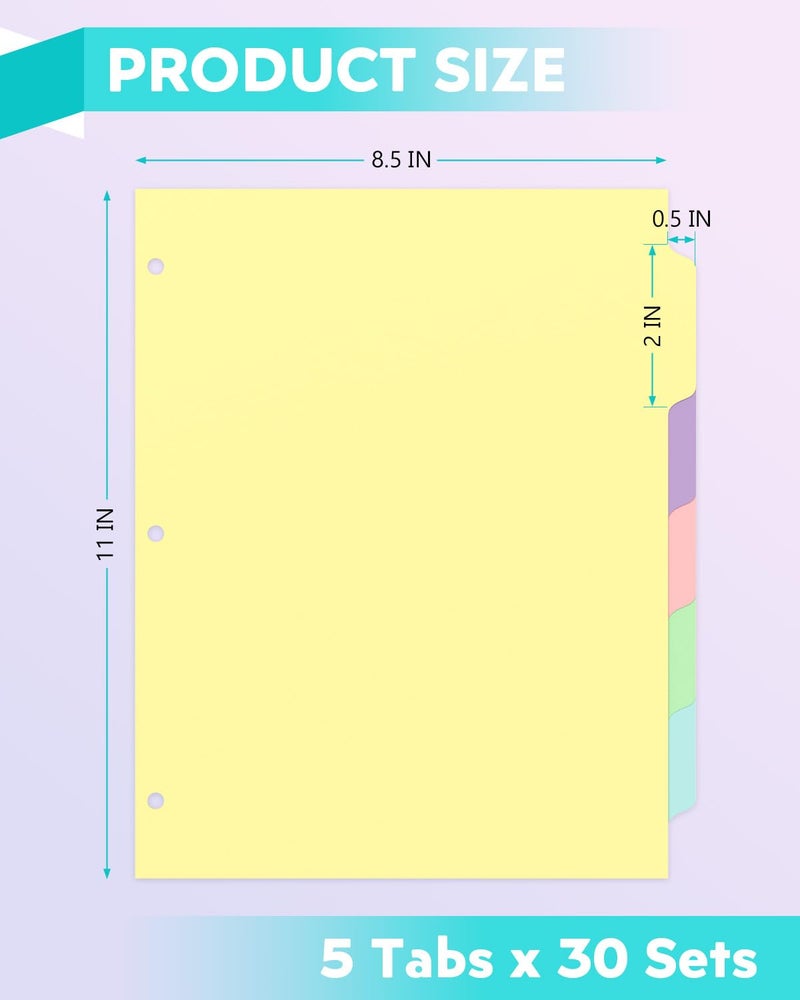 Dynta 3 Ring Binder Dividers with 5 Tabs Bulk 150 Pcs/30 Sets 8.5 x 11 Inches, Letter Size, 5 Colors Durable Paper 3 Hole Punch Index Divider for Kids, Women, Students - Image 2