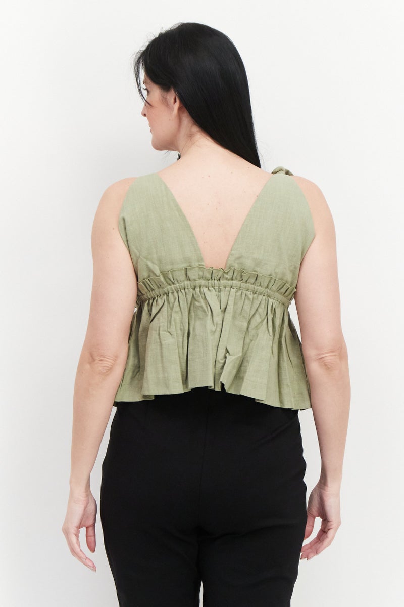 NOMAD Women Plunging Neck Sleeveless Embroidered Logo Top, Sage - Image 3