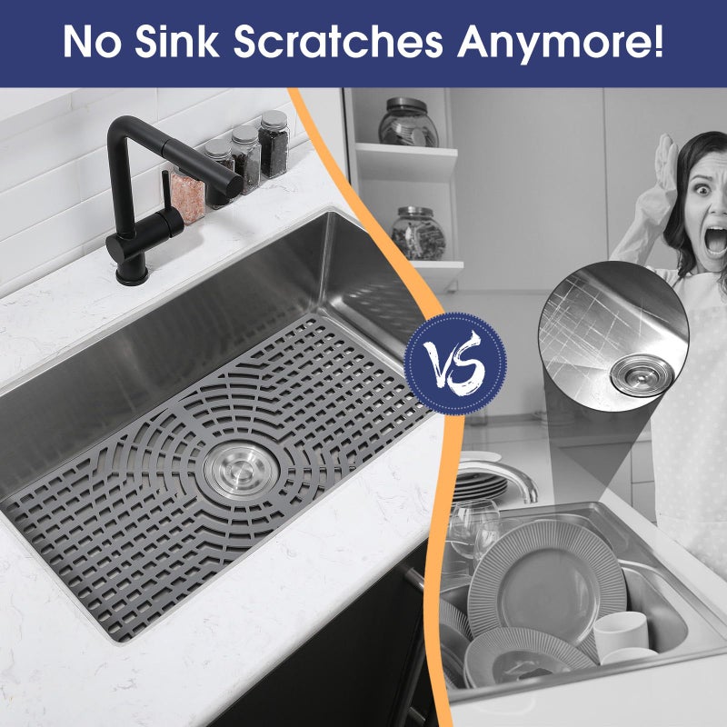 Snuggery Silicone Sink Protector 28"x15" Center Drain Hole, Heat Resistant Non-slip Dishwasher Suitable, Large Mat for Bottom of Farmhouse Kitchen Stainless Steel Sink(Grey) - Image 3
