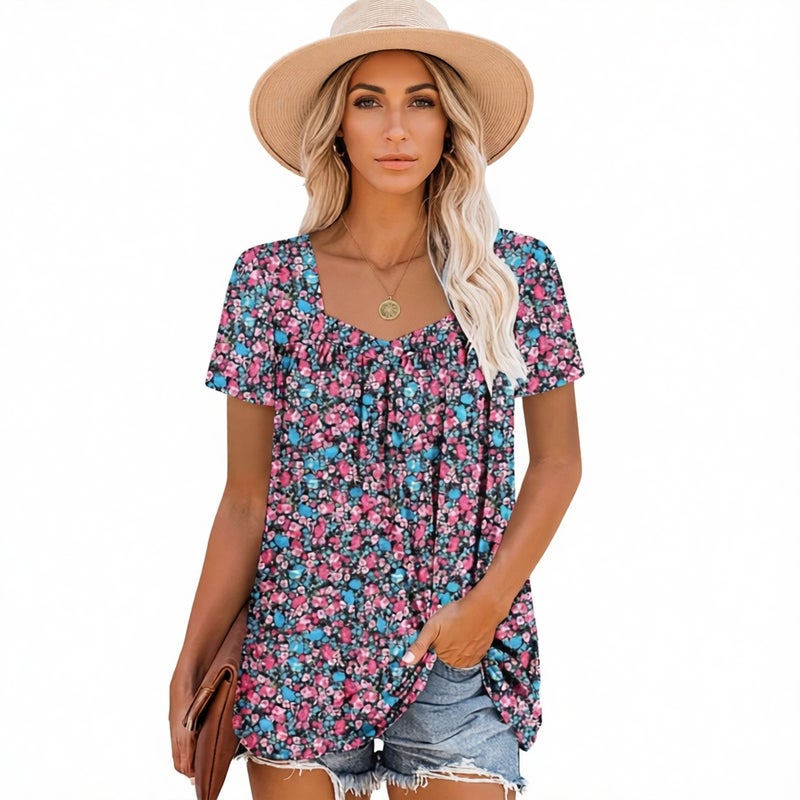 Women's Summer Square Neck Short Sleeve Printed Loose Fit T-Shirt
