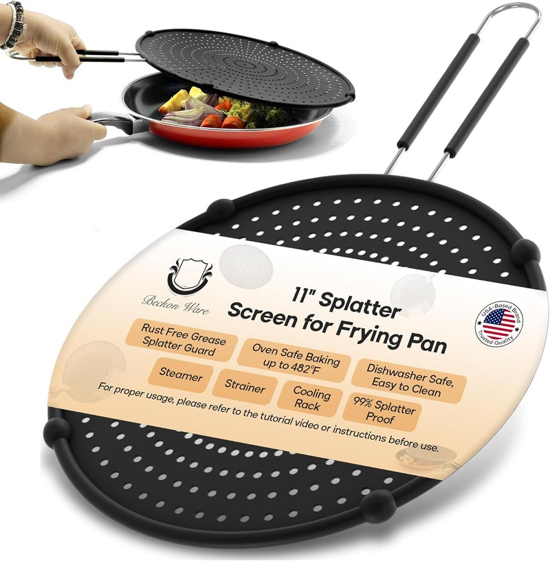Beckon Ware Splatter Screen for Frying Pan | USA Brand | 11-Inch Black, Fit Pans (6" to 11") Silicone Grease Splatter Guard for Frying Pan and Stove by - Image 1