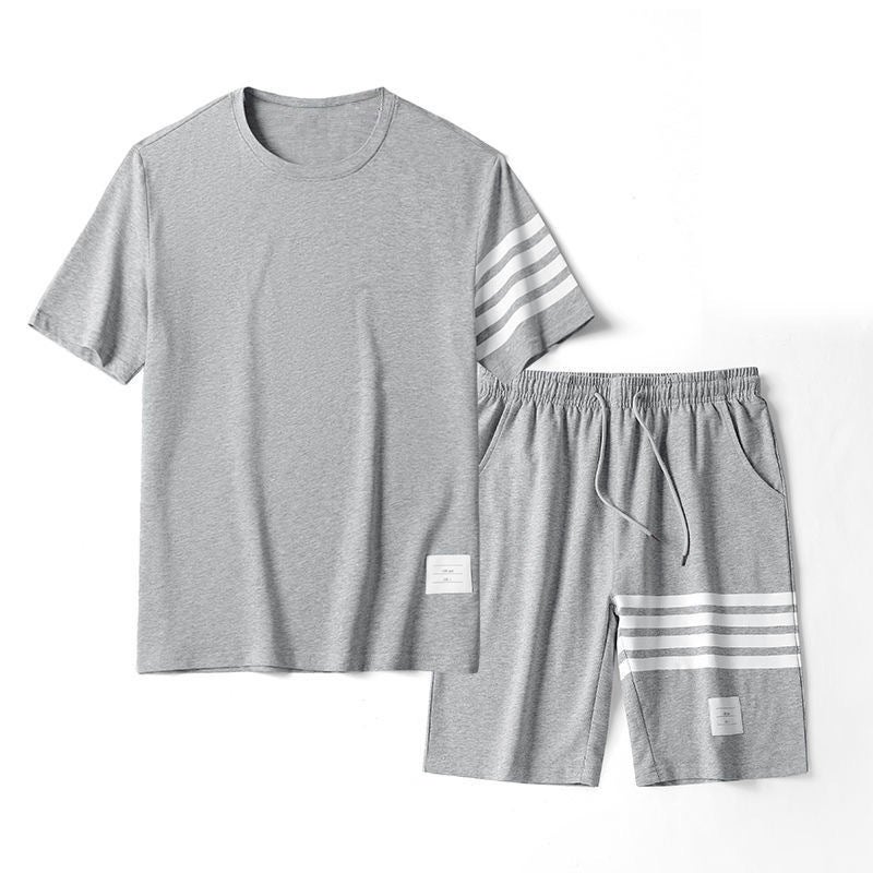 Couples Casual Summer Outfit Short Sleeve T-Shirt Set Two-Piece Sportswear Polyester Fabric Korean Style Printed Logo Design gray trousers 
