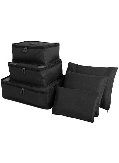 6-Piece Travel Luggage Storage Bag Set - 3 Travel Storage Bags + 3 Small Clothing Organizers (Black)