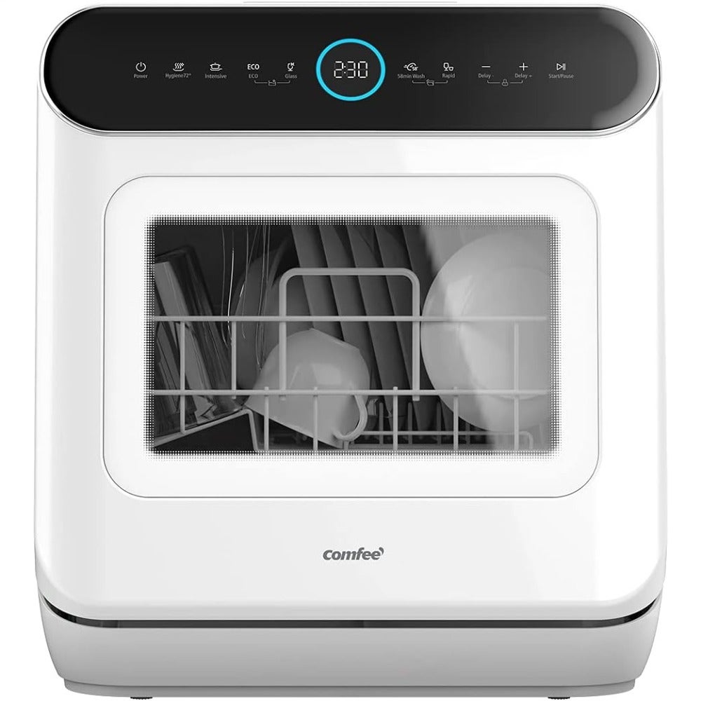 Countertop mini dishwasher for small kitchens, stainless steel finish, silver color, 3-place settings with 6 wash programs, touch control and LED display