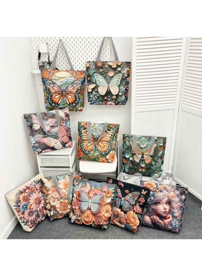 Ethnic Style Butterfly Stereo Embroidery Women's Bag Canvas Bag Embroidery Craft Casual Large Tote Volume Bag Handmade-color:Butterfly Peony With Black Background - Image 5