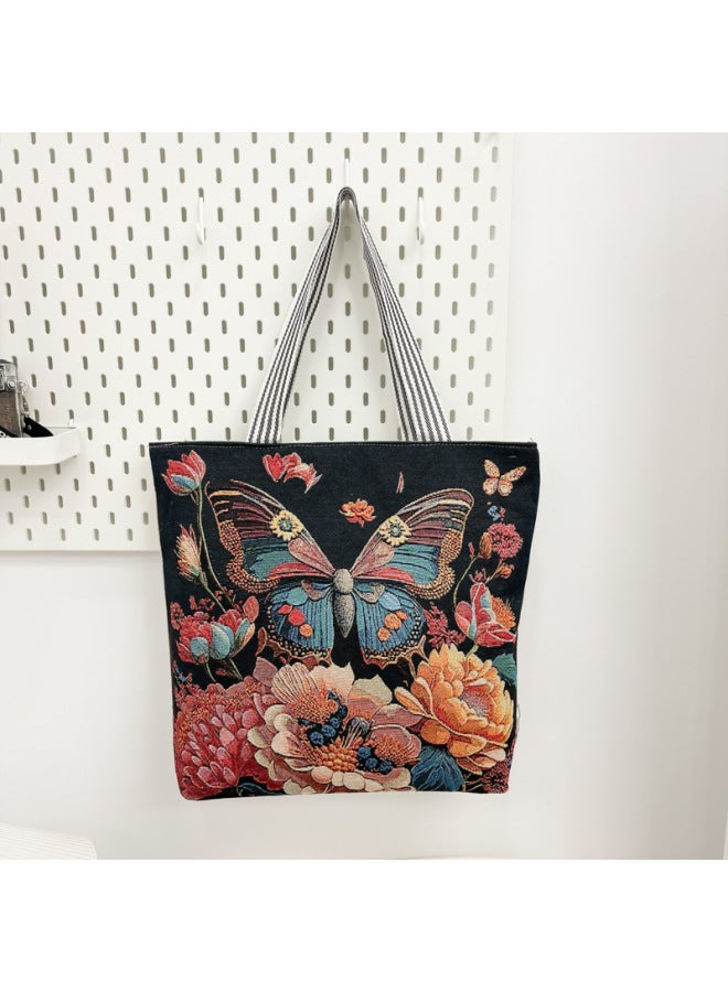 Ethnic Style Butterfly Stereo Embroidery Women's Bag Canvas Bag Embroidery Craft Casual Large Tote Volume Bag Handmade-color:Butterfly Peony With Black Background - Image 1