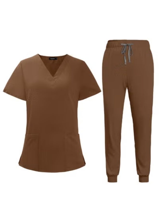 Generic Summer Doctor and Nurse Work Uniform Beauty Hospital Pet Dental Operating Room Washing Clothes Set (Brown)  - Image 1