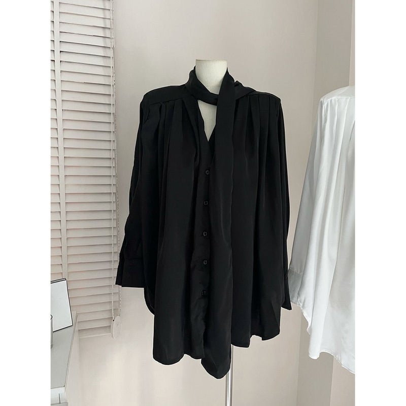 2024 Loose Slim Shoulder Pad Satin Ribbon Shirt Dress Womens Spring and Autumn Design Sense Elegant Top for Women Black - Image 1