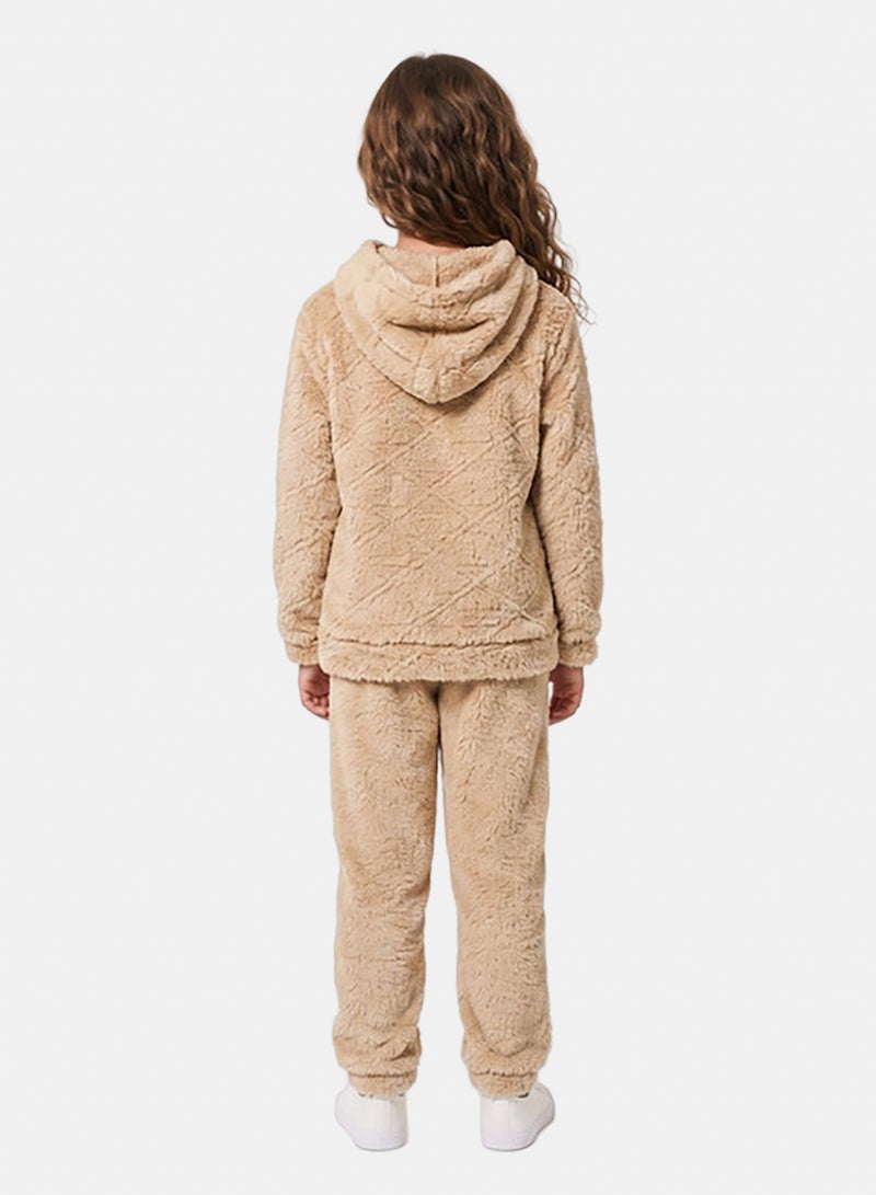 Andora Kangaroo Pockets Slip On Fur Hooded Girls Pajama - Light Beige - Image 3