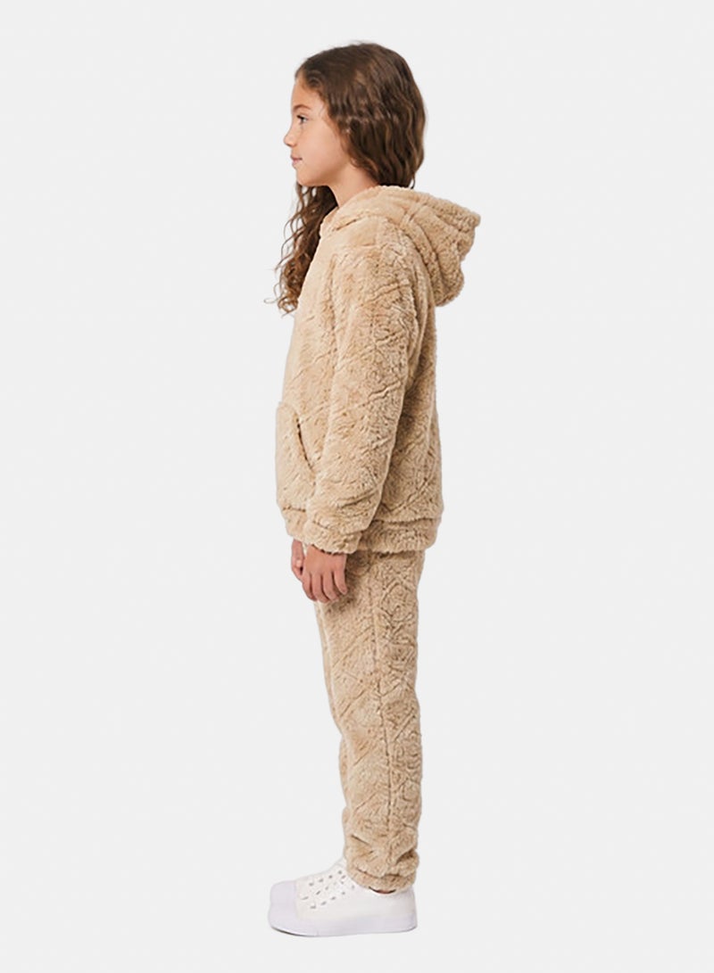 Andora Kangaroo Pockets Slip On Fur Hooded Girls Pajama - Light Beige - Image 2