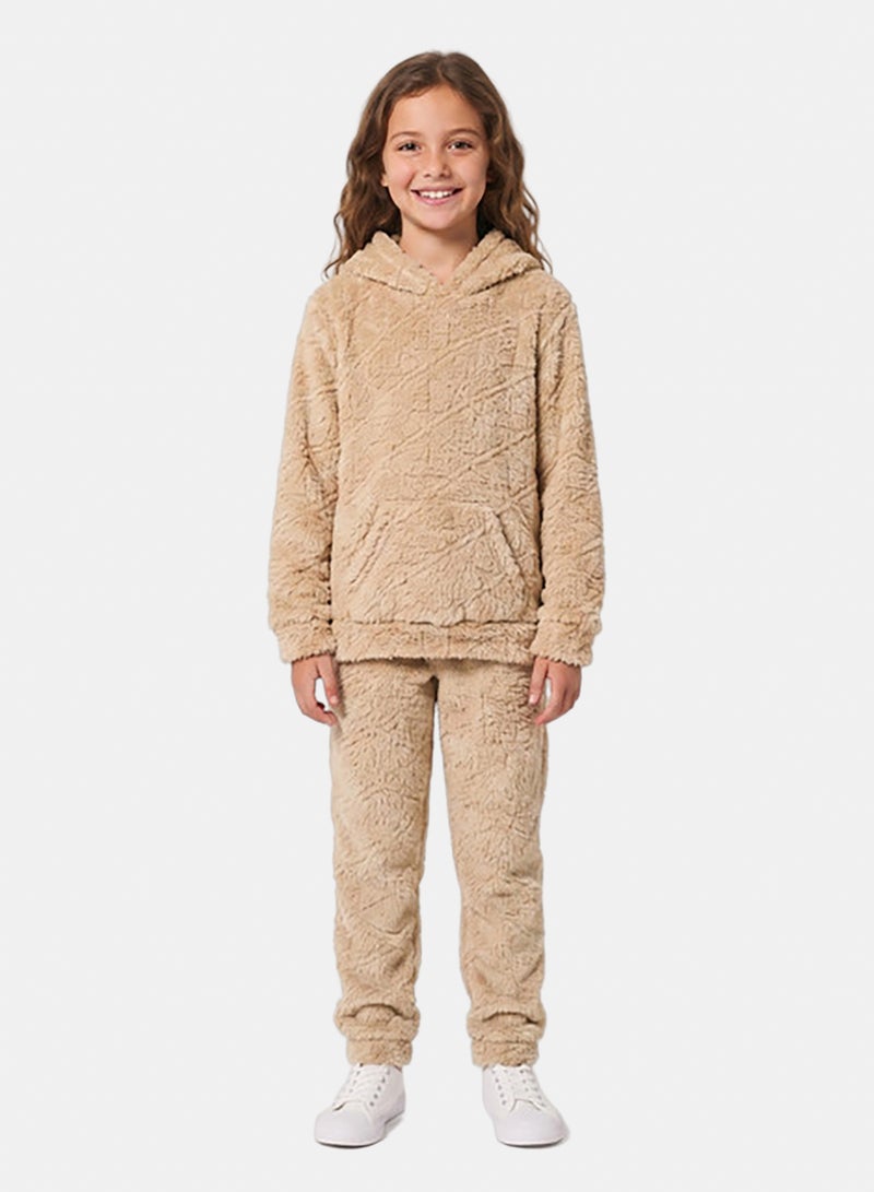 Andora Kangaroo Pockets Slip On Fur Hooded Girls Pajama - Light Beige - Image 1
