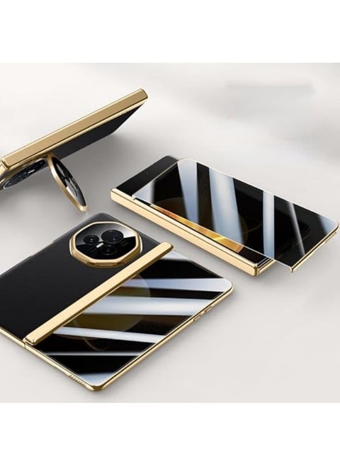 Compatible with Honor Magic V3 Electroplated Frame Magnetic Hinge Protection Grain Leather Case with Lens Holder Privacy Screen Protector for Magic V3