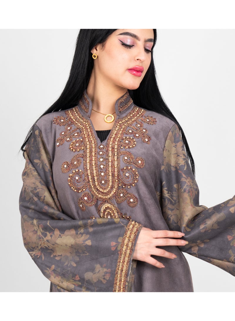 IKKXA Winter Colorful Beads Embroidery Jalabiya IK1070 Grey - Image 2