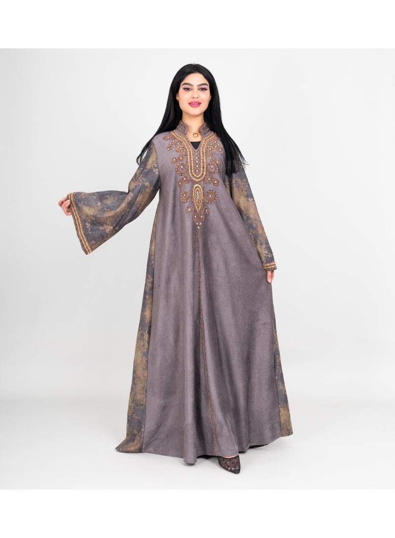 IKKXA Winter Colorful Beads Embroidery Jalabiya IK1070 Grey - Image 1