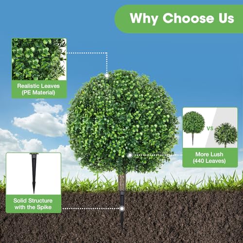 Hecaty 256 Artificial Boxwood Topiary Ball Trees 2 Pack Artificial Shrubs with Spike UV Resistant Fake Bushes Evergreen Artificial Plants for Outdoor Indoor Front Porch Garden Yard - Image 3