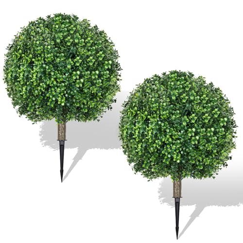 Hecaty 256 Artificial Boxwood Topiary Ball Trees 2 Pack Artificial Shrubs with Spike UV Resistant Fake Bushes Evergreen Artificial Plants for Outdoor Indoor Front Porch Garden Yard - Image 1