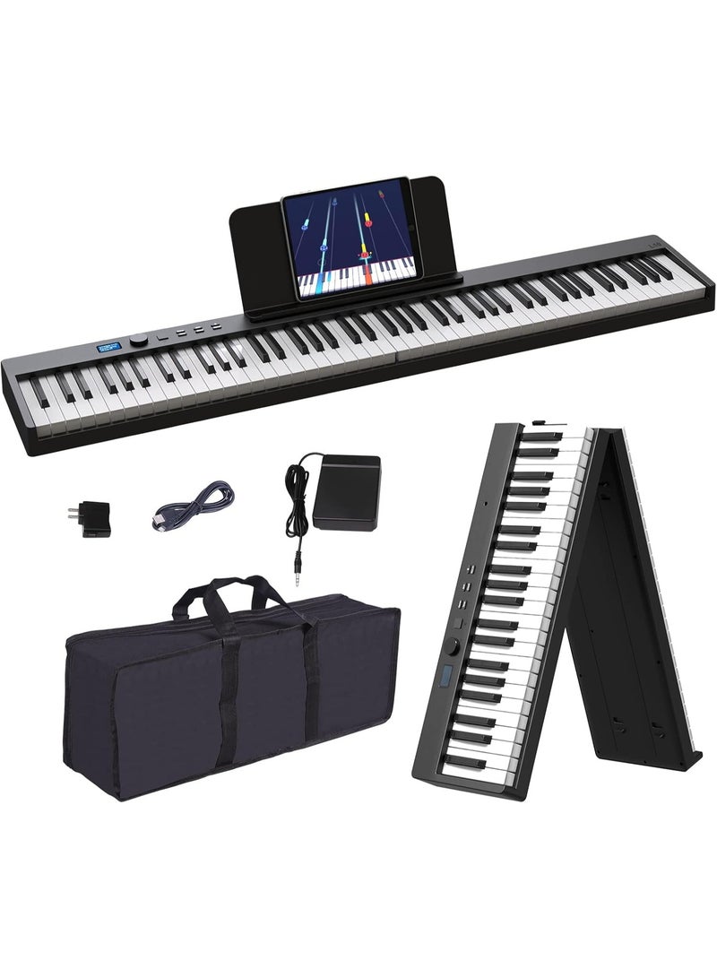 GOGOGO Foldable Piano Keyboard, 88 Key Full Size Semi Weighted Folding Piano Keyboard, Bluetooth Portable Electronic Keyboard Piano with Sheet Music Stand, Sustain Pedal and Piano Bag, Black - Image 1