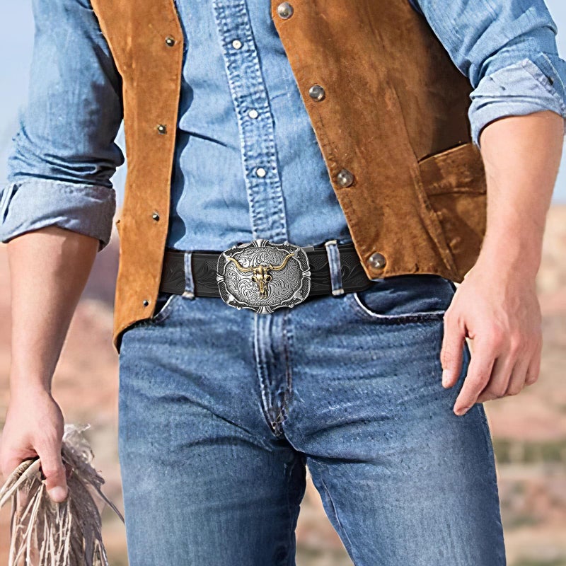 SANSTHS Ratchet Cowboy Belt, Western Ratcheting Belts for Men Ratchet Western Belt with Automatic Cowboy Buckle, Bronze Bull/Black - Image 4