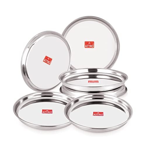 ATTRO 6 Pieces Prisma Stainless Steel Thali/Dinner Plates, Food Grade Quality Round Plate Set for Home, Restaurants & Outdoor - Silver - Image 1