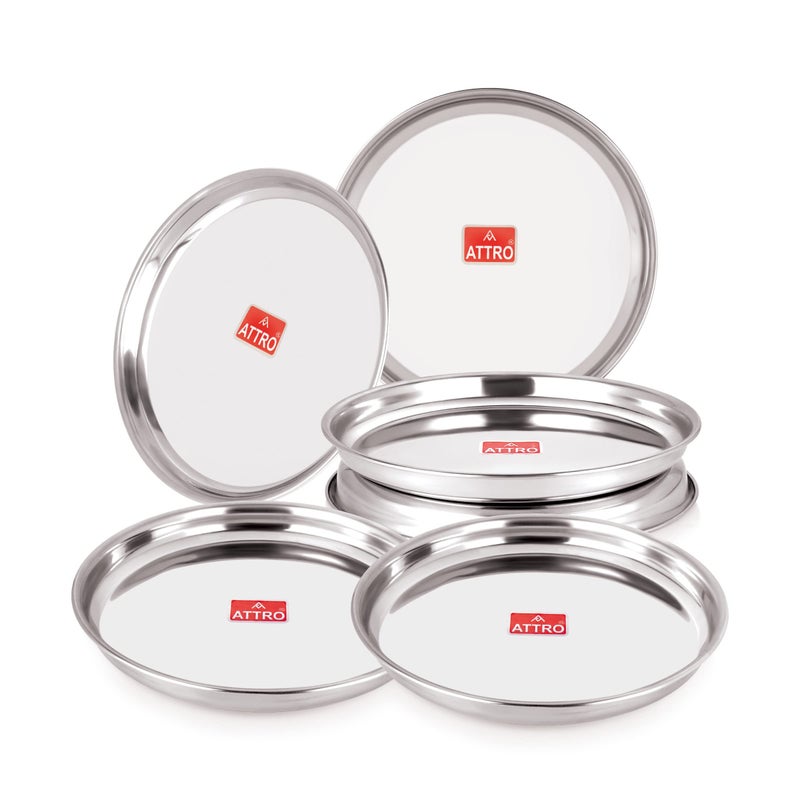 ATTRO 6 Pieces Prisma Stainless Steel Thali/Dinner Plates, Food Grade Quality Round Plate Set for Home, Restaurants & Outdoor - Silver - Image 5