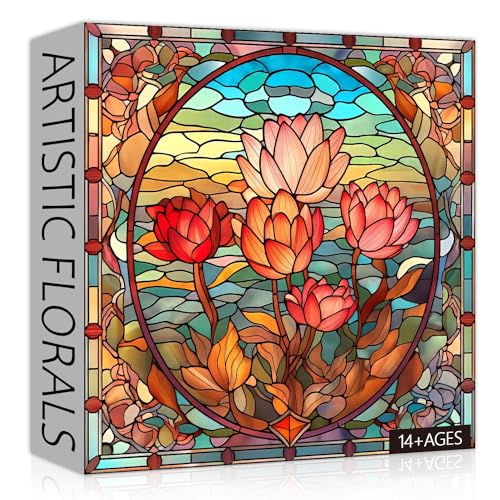PICKFORU Stained Glass Flower Puzzles for Adults 1000 Pieces Vintage Art Puzzles Floral Impossible Hard Challenging for Adults - Image 1