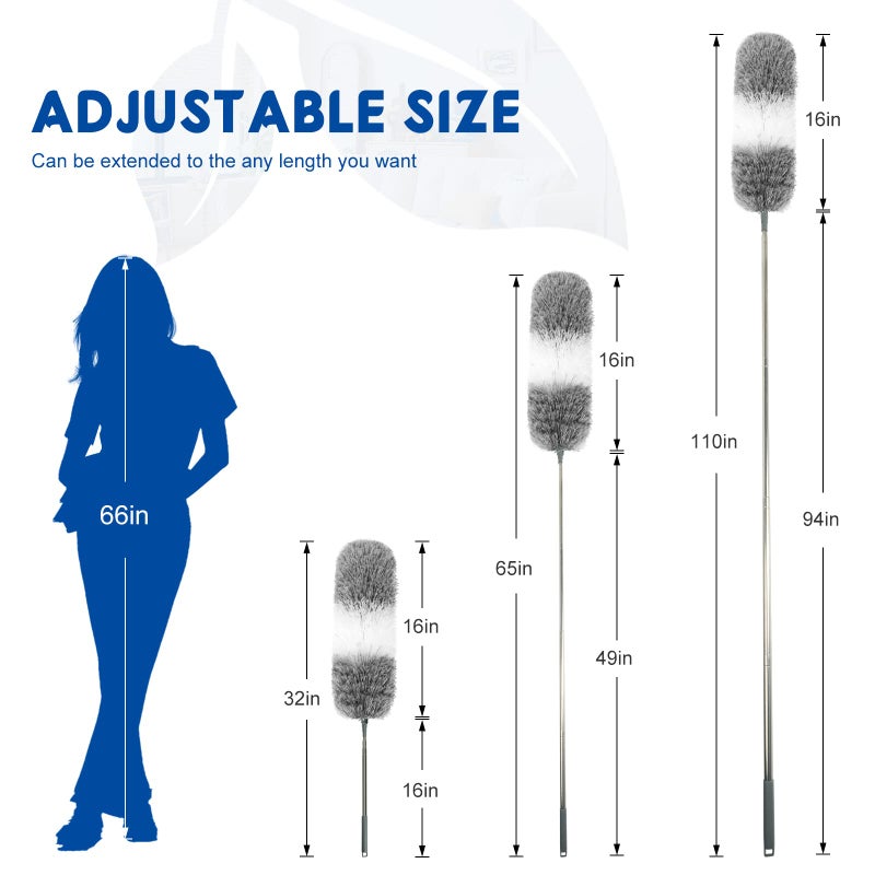 AURUZA Microfiber Feather Dusters for Cleaning, Extendable Duster with 110" Extension Pole & 2pcs Replaceable Bendable Head, Cleaner Supplies Duster Tool for Ceiling Fan Furniture Cars Home Kitchen Gadgets - Image 2