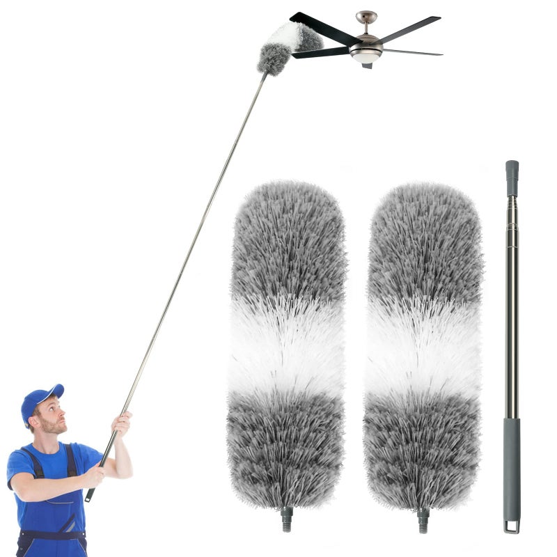 AURUZA Microfiber Feather Dusters for Cleaning, Extendable Duster with 110" Extension Pole & 2pcs Replaceable Bendable Head, Cleaner Supplies Duster Tool for Ceiling Fan Furniture Cars Home Kitchen Gadgets - Image 1