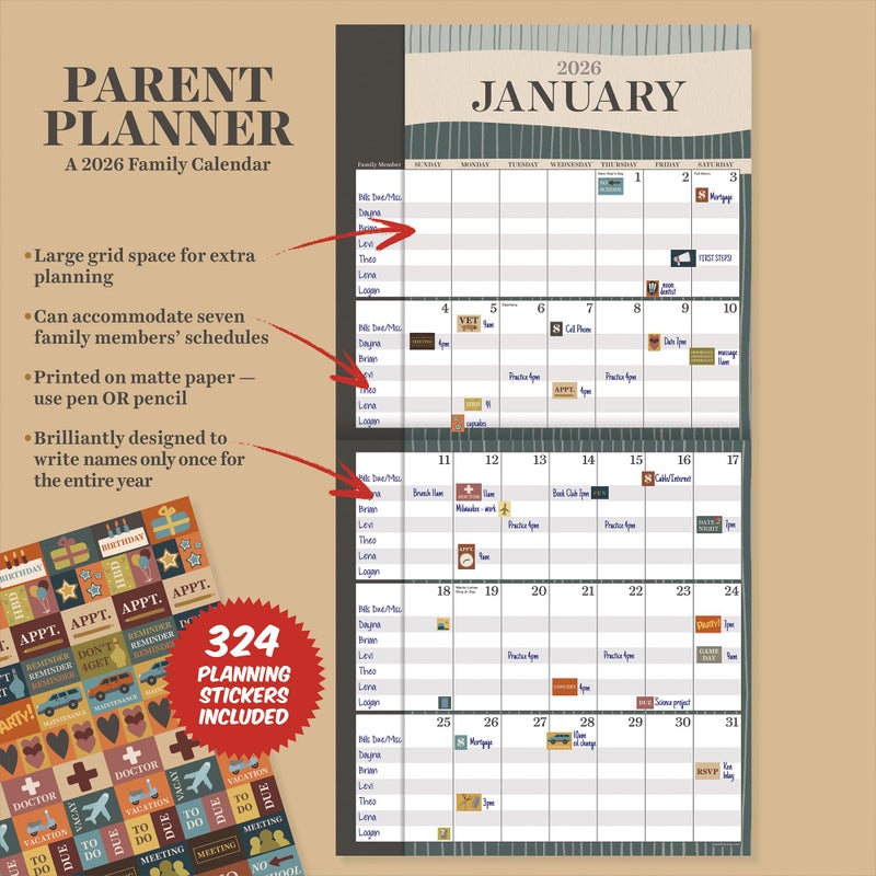 TF Publishing 2026 Parent Planner Wall Calendar - Large Grids for Appointments and Scheduling - Vertical Monthly Wall Calendar 2026 with Premium Matte Paper for Home and Office Organization - 12x12in - Image 4