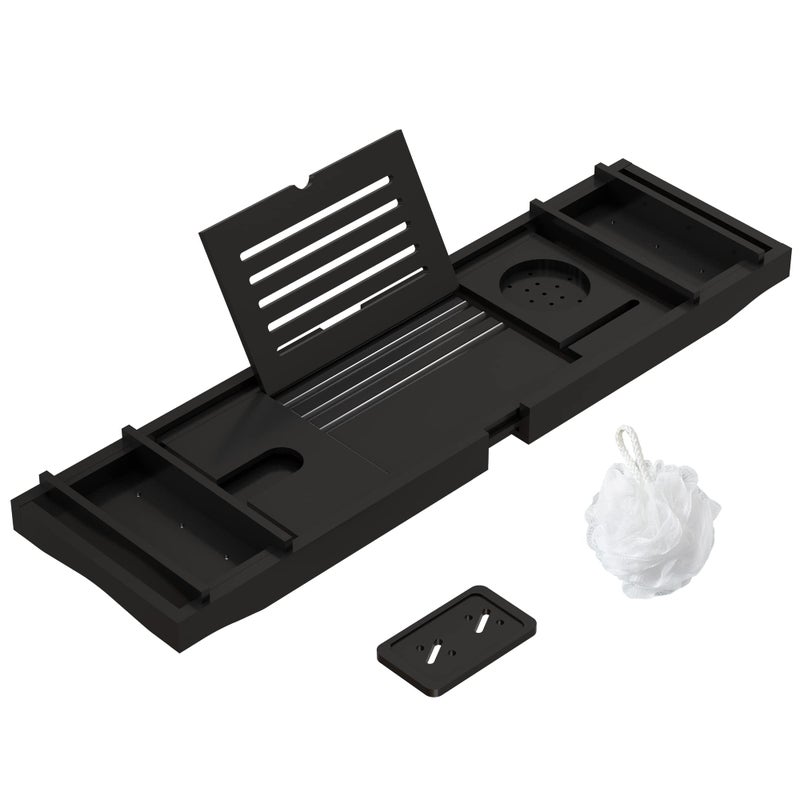 Zhuoyue Bamboo Bathtub Tray for Luxury Bathroom Expandable Premium Bath Tray wSoap Towel Book Holder Adjustable Bath Accessories for TubExtendable Tub Tray with Wine Glass Cup Organizer 295433 Black 