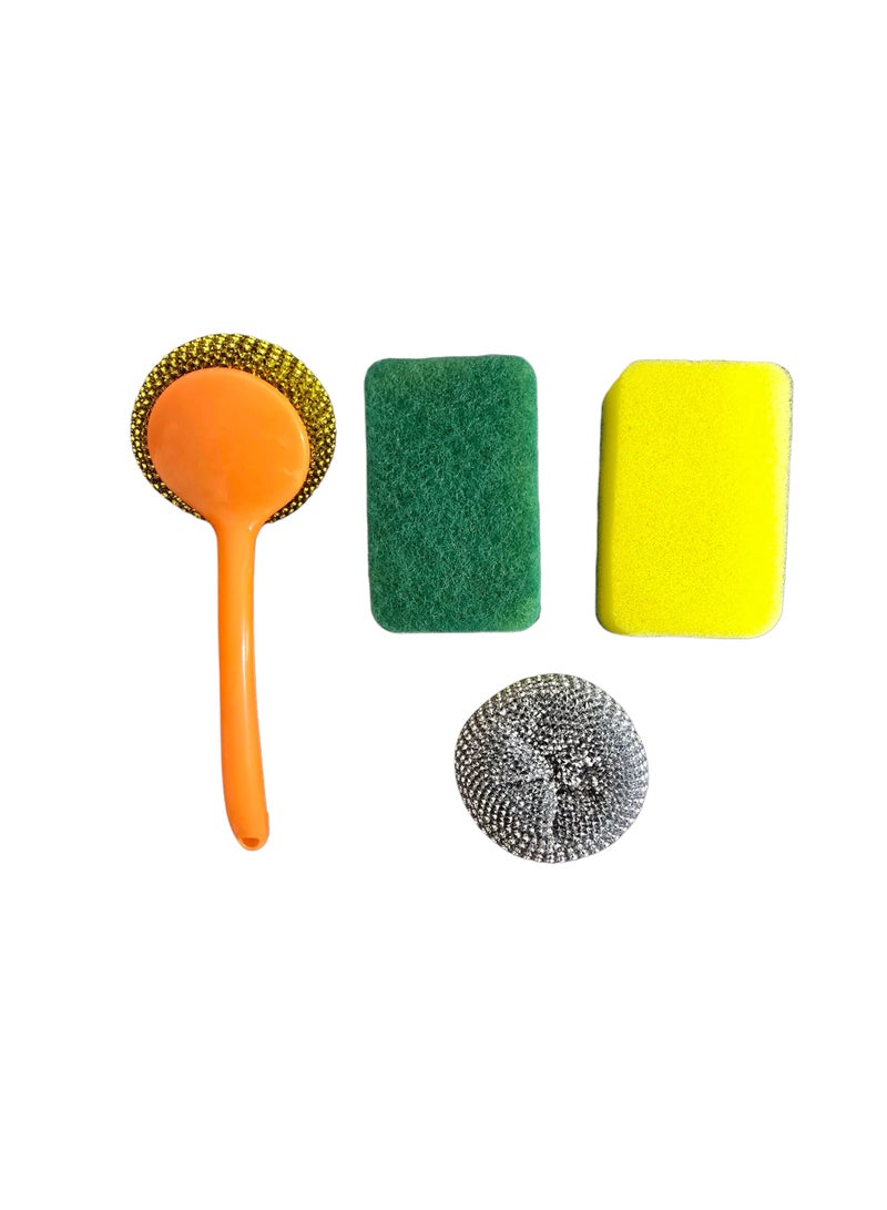 4 Pcs, 2x Kitchen Scrub Sponges 2x Stainless Steel Wire Scourer + handle Multi-Use - Heavy Duty Scrub Sponge for Dishes Pots and Pans - Kitchen Cleaning Mesh Ball Kitchen Scourer Steel Wool - Image 5