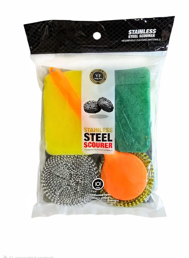 4 Pcs, 2x Kitchen Scrub Sponges 2x Stainless Steel Wire Scourer + handle Multi-Use - Heavy Duty Scrub Sponge for Dishes Pots and Pans - Kitchen Cleaning Mesh Ball Kitchen Scourer Steel Wool - Image 1