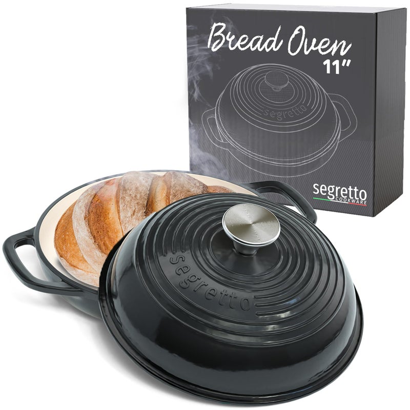 Enameled Cast Iron Bread Pan with Lid 11 Nero Black Bread Oven Cast Iron Sourdough Baking Pan Dutch Oven for Bread Segretto Cookware