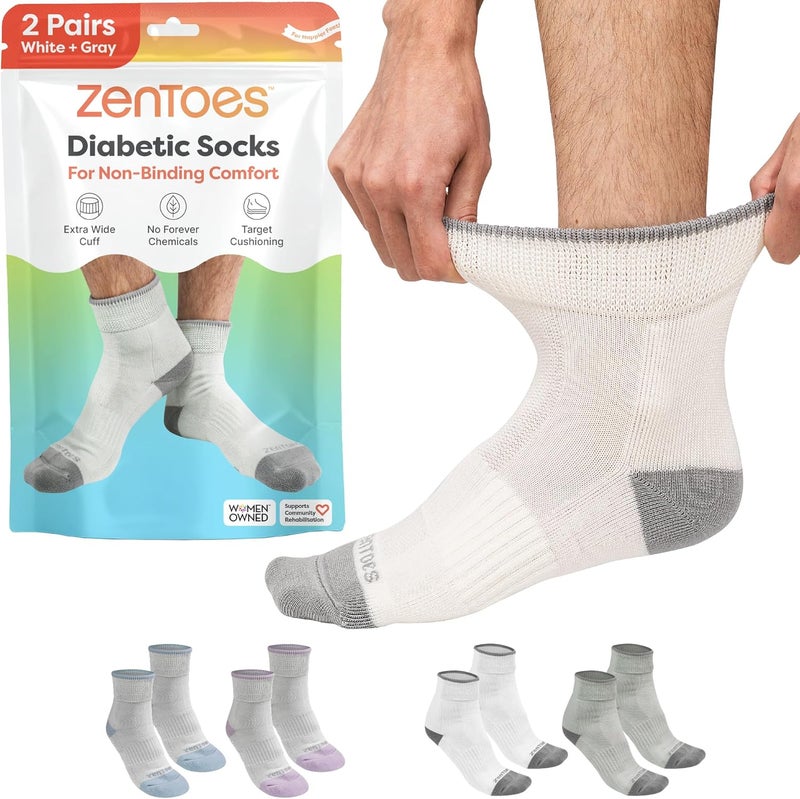 ZenToes Diabetic Socks for Women  Men  2 Breathable Pairs with Arch Support  NonBinding Cuff to Promote Circulation  Seamless Toe  Moisture Control Design  Medium White  Gray - Image 1