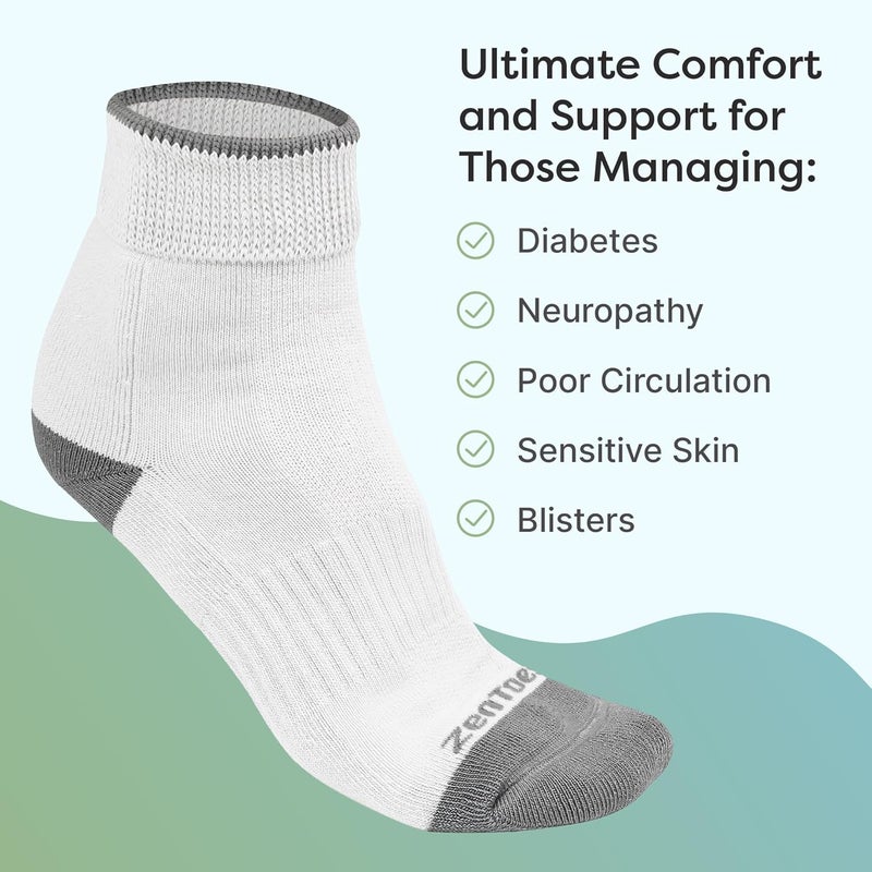 ZenToes Diabetic Socks for Women  Men  2 Breathable Pairs with Arch Support  NonBinding Cuff to Promote Circulation  Seamless Toe  Moisture Control Design  Medium White  Gray - Image 5