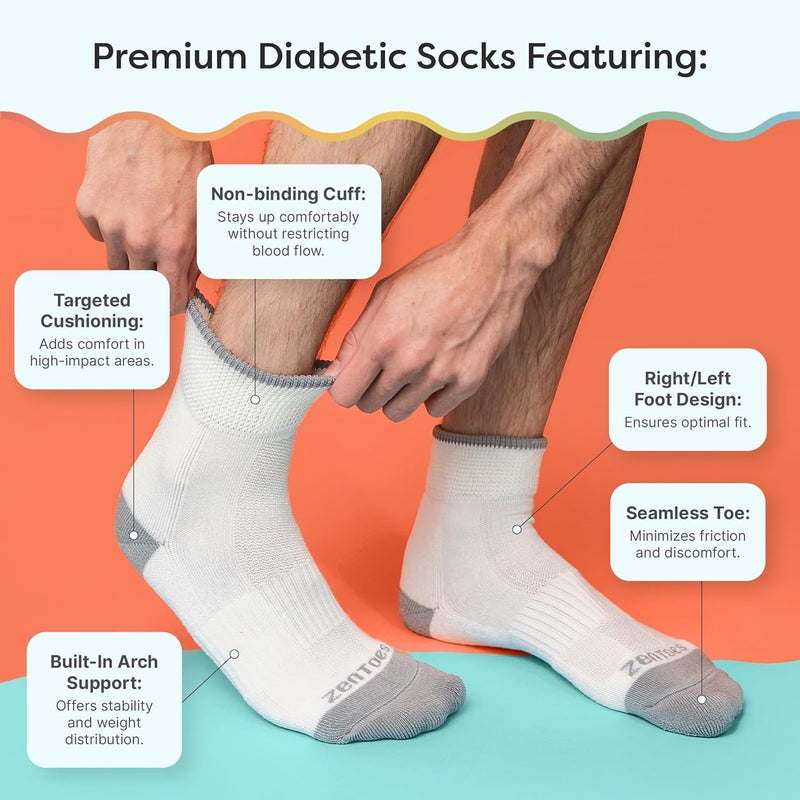 ZenToes Diabetic Socks for Women  Men  2 Breathable Pairs with Arch Support  NonBinding Cuff to Promote Circulation  Seamless Toe  Moisture Control Design  Medium White  Gray - Image 4