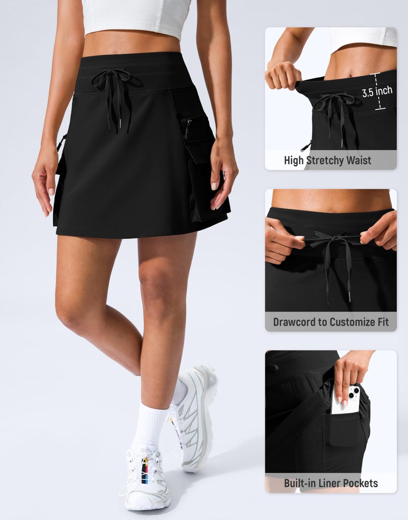 SANTINY 16" Cargo Skort with 6 Pockets Drawstring High Waisted Golf Travel Hiking Skorts for Women Dressy Casual Summer (Black_L) - Image 4