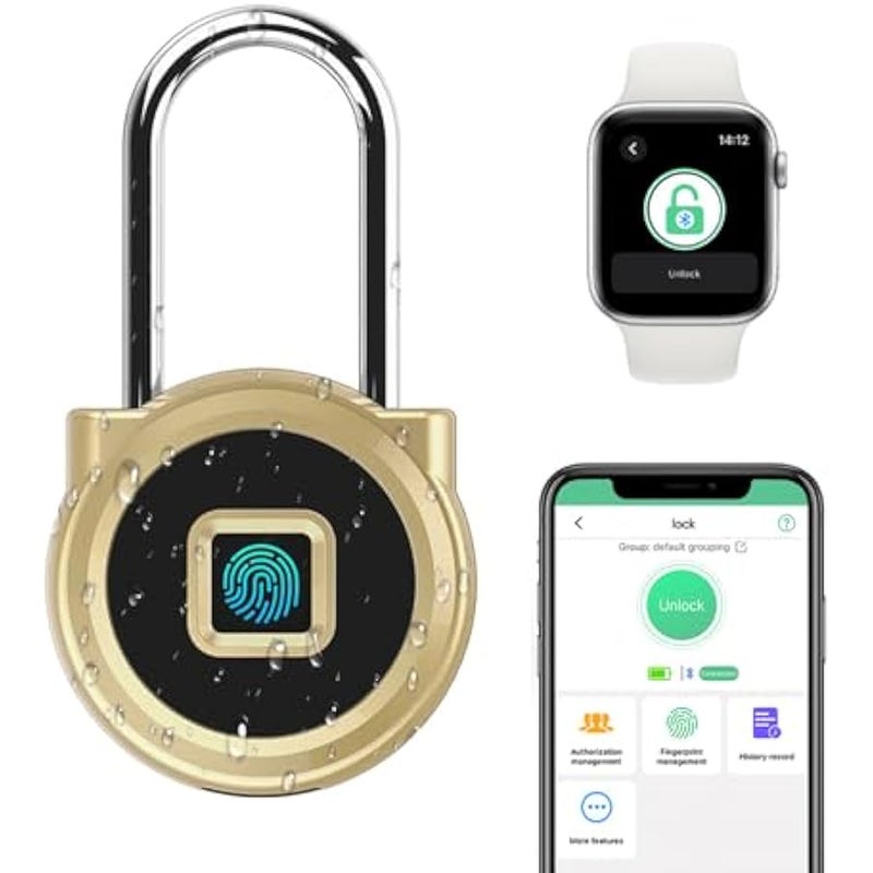 Fingerprint Padlock Long Padlock with 45MM Shackle Weatherproof 1000 App User Combination Locker Lock for Gym Locker Fence Garden Cupboard Cabinet Gold - Image 1