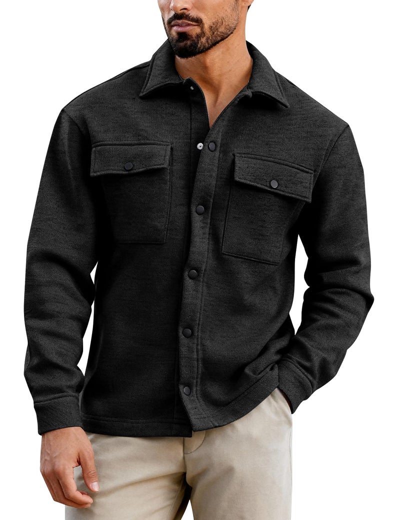 Eisctnd Men's Fleece Button Down Shirts Long Sleeve Warm Shirt Jacket Lightweight Casual Shacket with Pockets, Black, M - Image 1