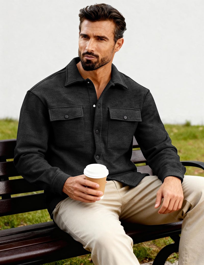 Eisctnd Men's Fleece Button Down Shirts Long Sleeve Warm Shirt Jacket Lightweight Casual Shacket with Pockets, Black, M - Image 3