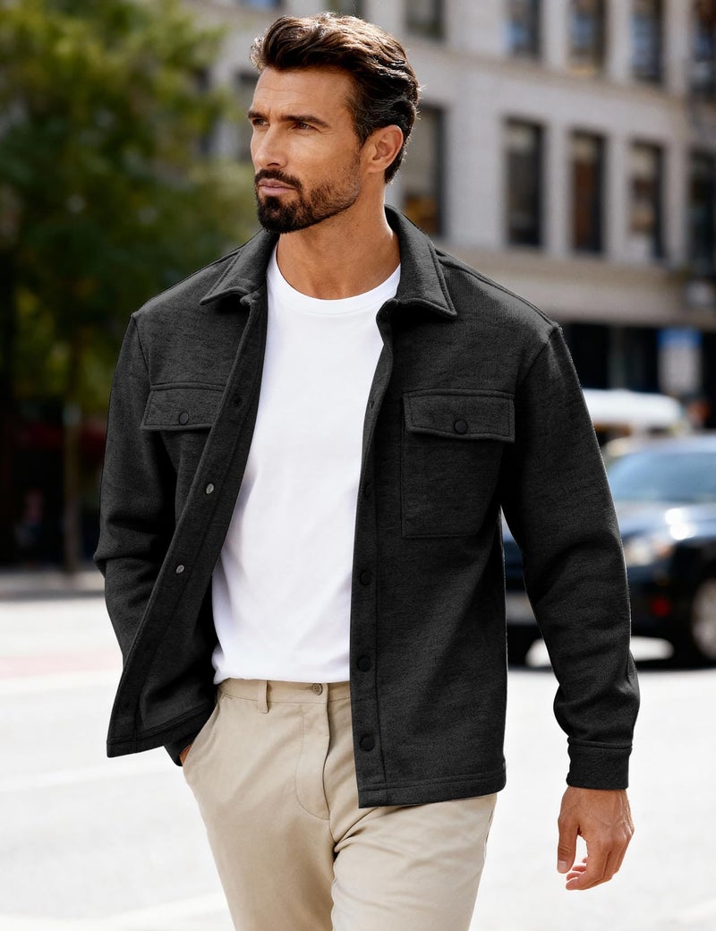 Eisctnd Men's Fleece Button Down Shirts Long Sleeve Warm Shirt Jacket Lightweight Casual Shacket with Pockets, Black, M - Image 4