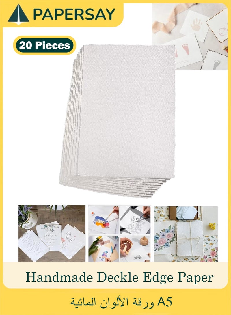  طائرة ورقية ورق ألوان مائية مقاس A5 مصنوع يدويا من القطن بنسبة 100% بحواف 300 غرام لكل متر مربع، صديق للبيئة ومستدام للخط وبطاقات التهنئة والدعوات والقرطاسية والزفاف وصناعة الطباعة (20 ورقة) - Image 1